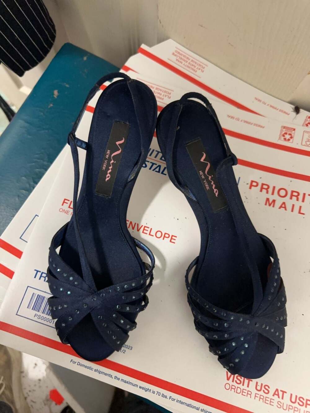 Nina New York Navy Satin Rhinestone Slingback Heels Size 6M